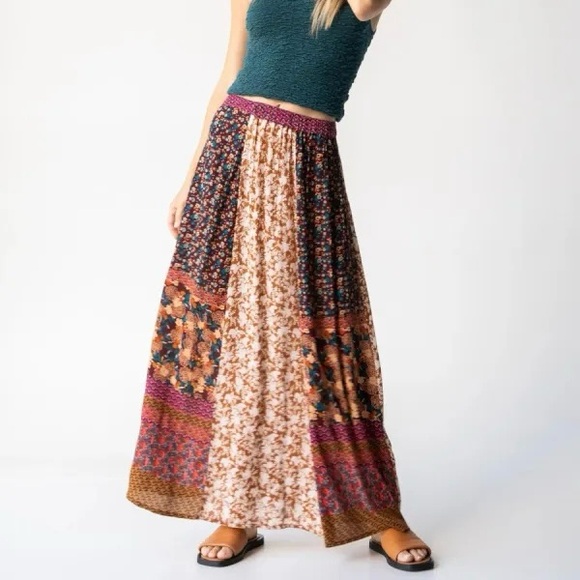 NATURAL LIFE Dresses & Skirts - Natural Life Valentina Floral Patchwork Boho Hippie Maxi Skirt Turquoise Large